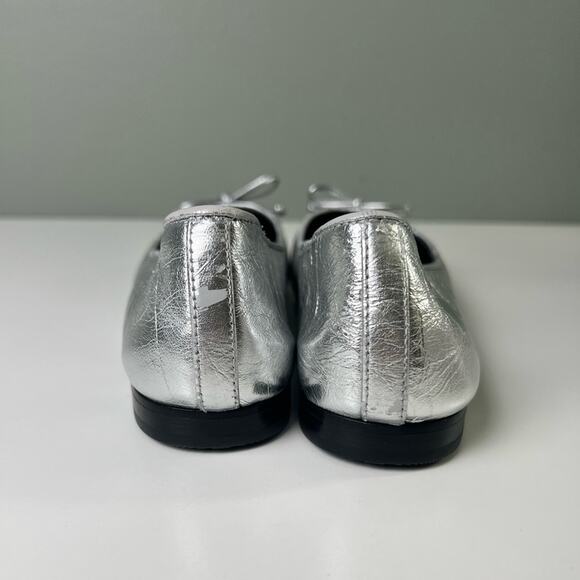 Tory Burch Leather Silver Black Cap Toe Double T Bow Ballet Flats 6 - Picture 8 of 10